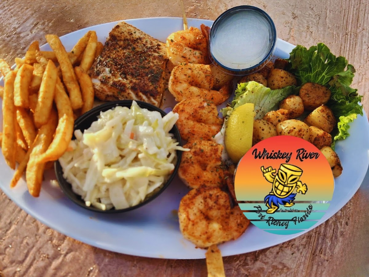 Whiskey River seafood platter with fish and shrimp